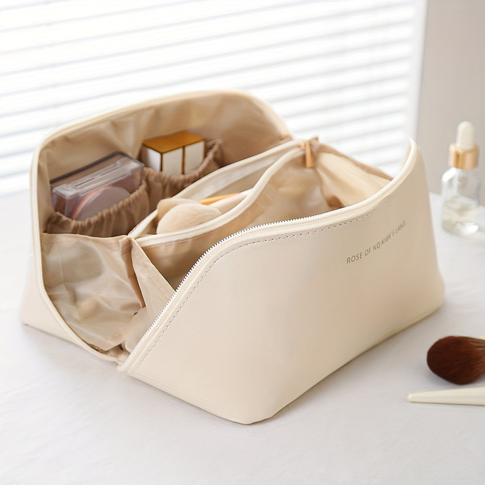 Stylish white PU leather cosmetic case for women, perfect for organizing makeup during travel.