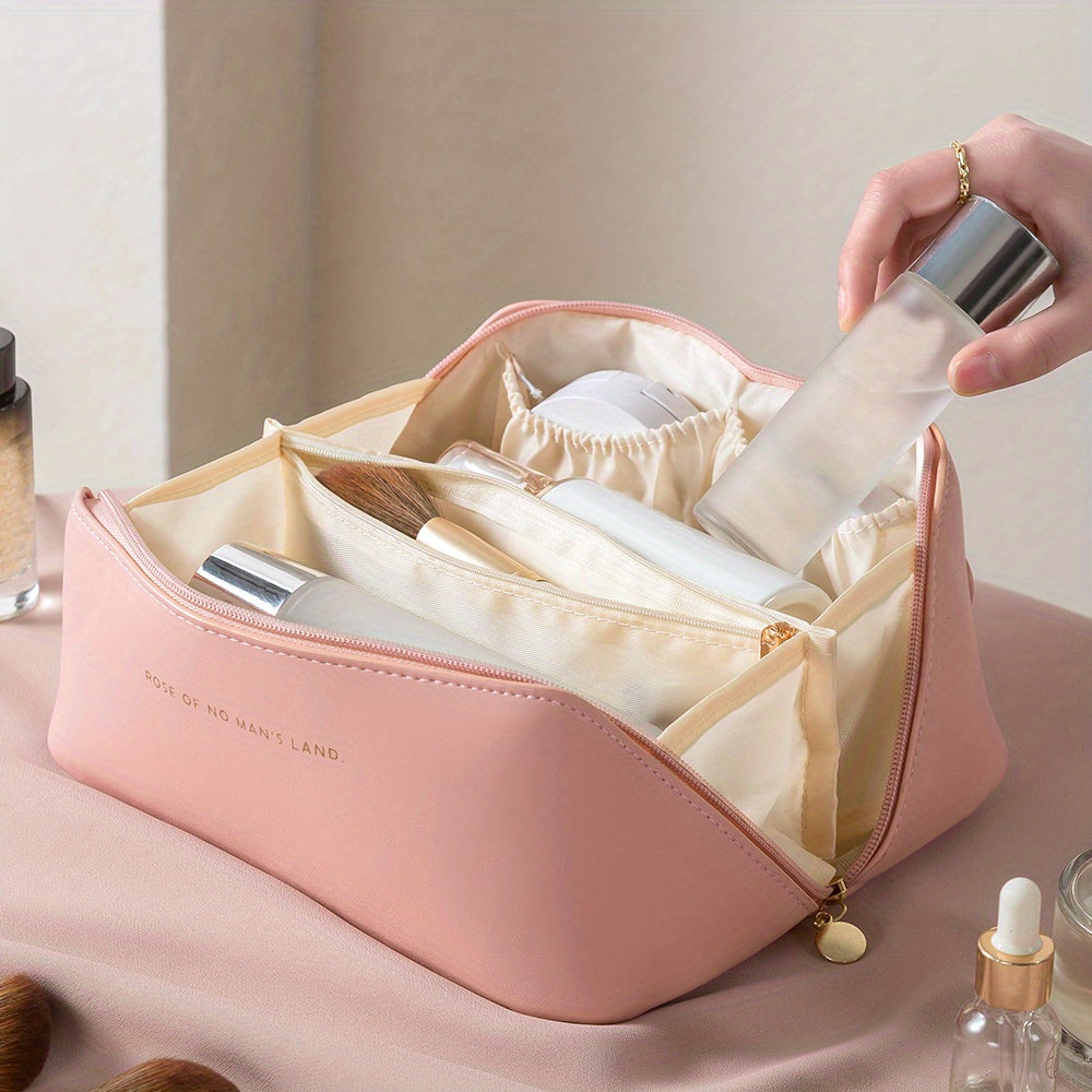 Luxury gray PU leather makeup organizer, a must-have travel accessory for women's beauty essentials.