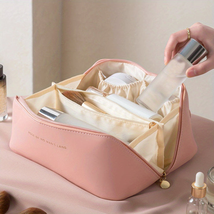 Luxury gray PU leather makeup organizer, a must-have travel accessory for women's beauty essentials.
