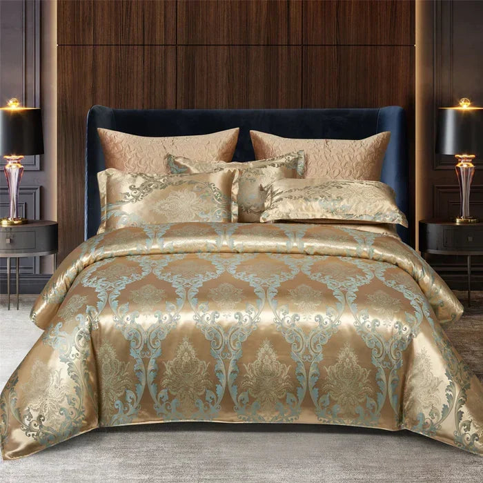 Elegant satin duvet cover and pillowcases, creating a luxurious bedroom ambiance.