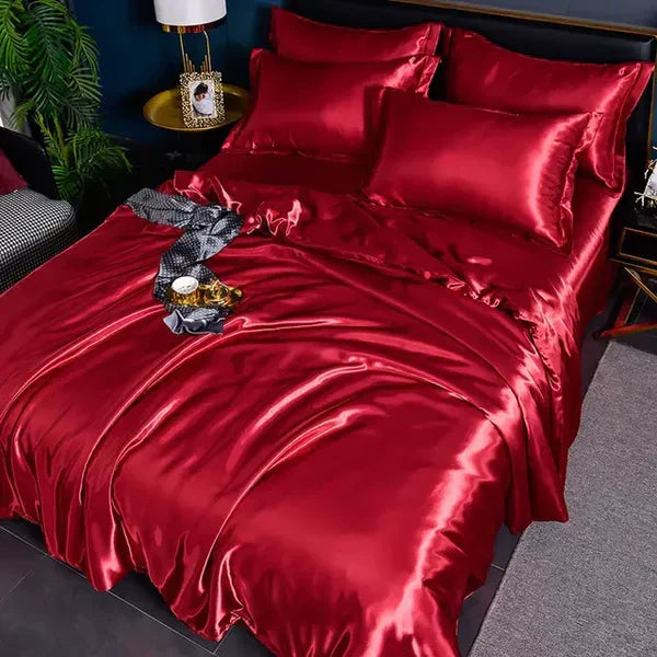 Soft satin duvet & pillowcase set, perfect for a cozy, elegant bedroom with modern styling.