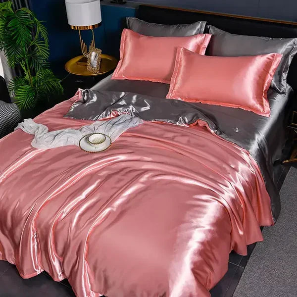 Silky satin duvet cover & pillowcases, enhancing bedroom comfort and style with a luxurious touch.
