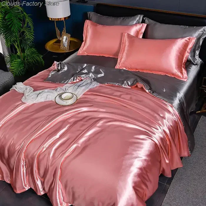 Silky satin bedding set for ultimate comfort, machine washable and ideal for an elegant bedroom.