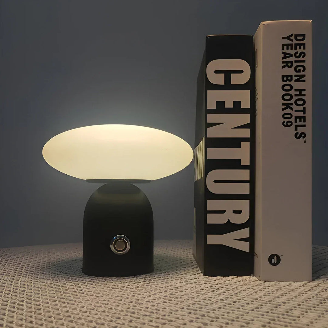 NordicGlow rechargeable mushroom table lamp. Elegant black touch lamp for Scandinavian style decor.