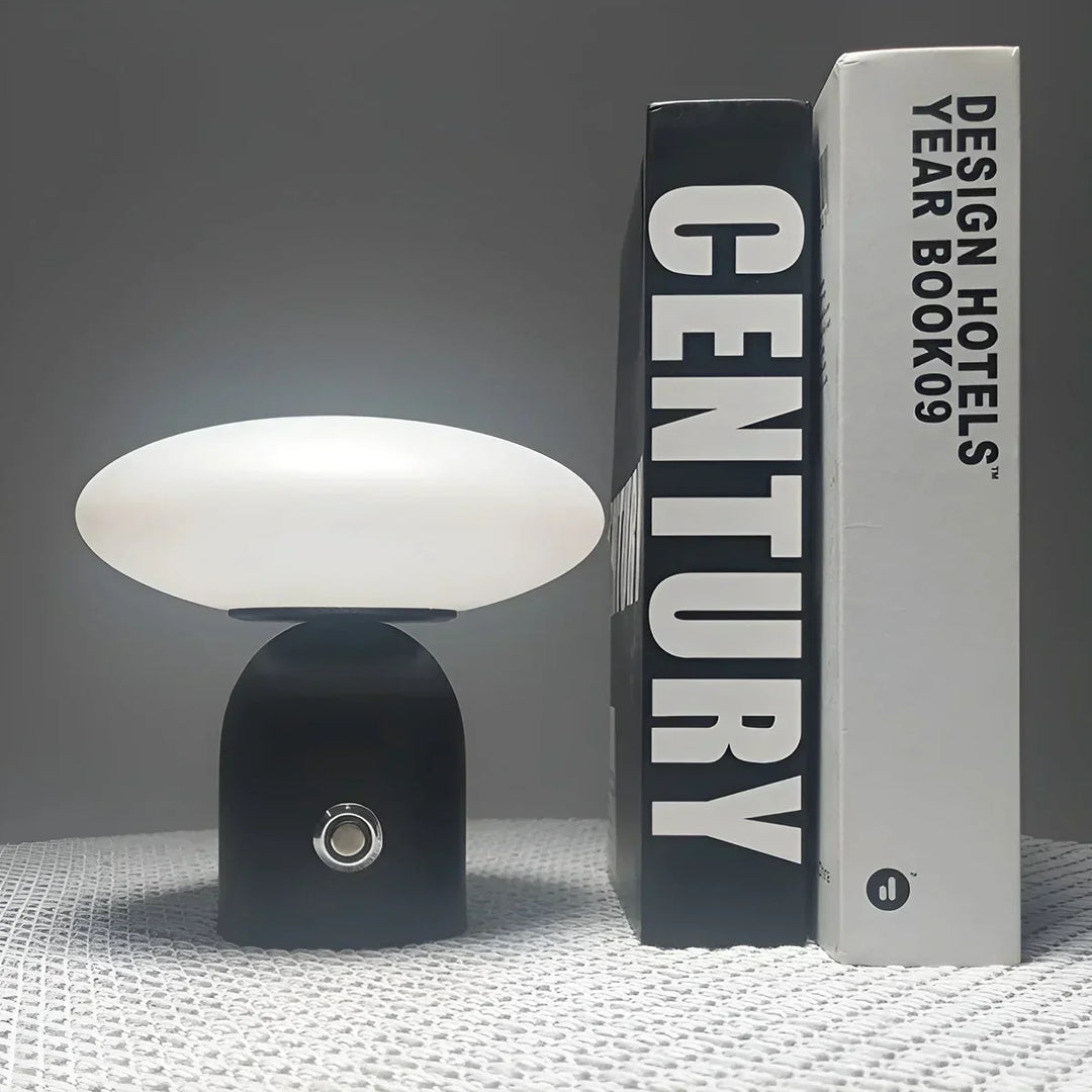 Modern black mushroom lamp. Cordless, smart touch table light. Perfect for luxury Scandinavian home decor.