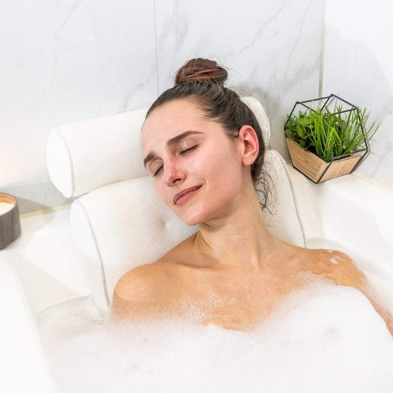 Soft SereniLux bath pillow, ideal for stress relief & self-care, enhancing your luxury bathing routine.