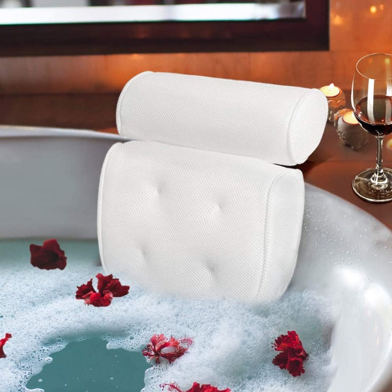 Comfortable white SereniLux bath pillow, perfect for home spa relaxation & neck support during baths.