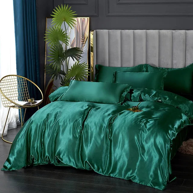 Close-up on the intricate stitching of a premium silky satin duvet cover.