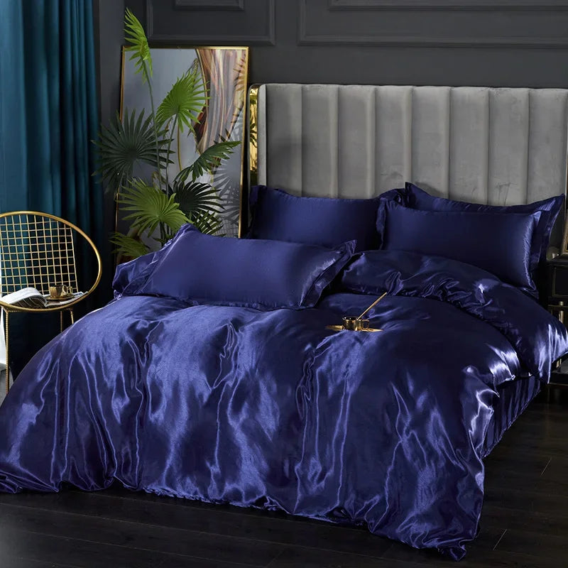 Detailed shot of the sheen and softness of the silk-feel duvet cover fabric.