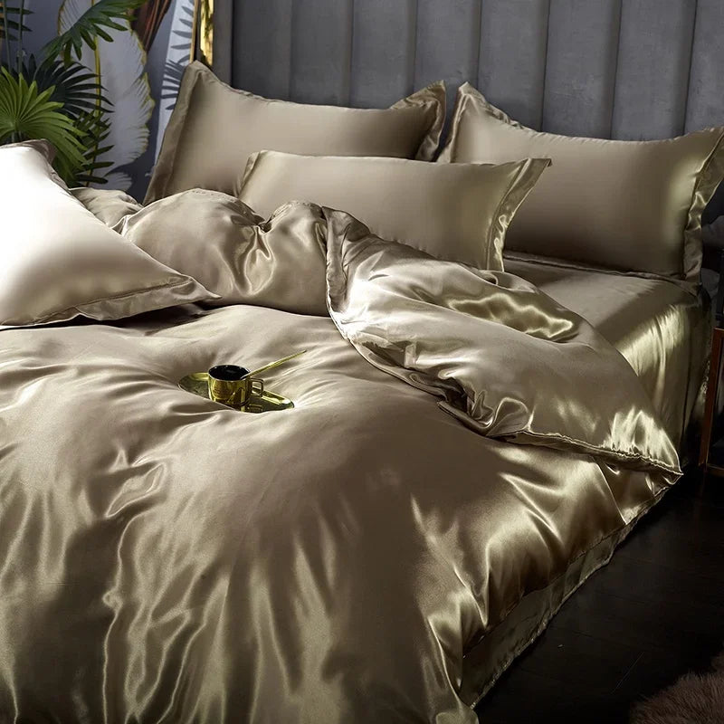 Modern bedroom featuring a full king-size luxury satin bedding set for ultimate comfort.