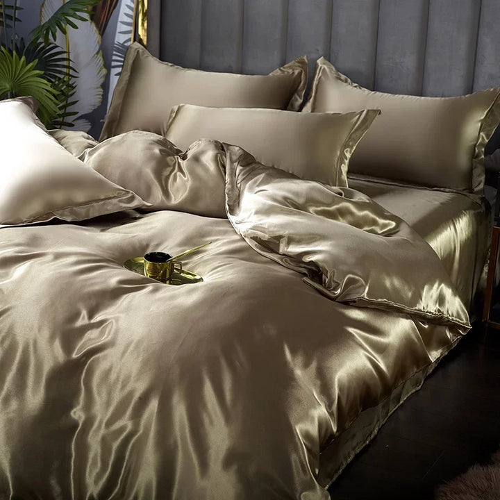 Modern bedroom featuring a full king-size luxury satin bedding set for ultimate comfort.