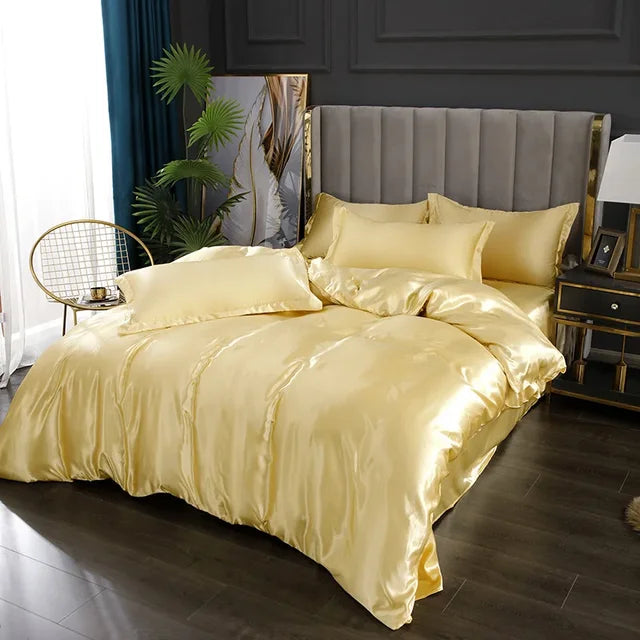 Close-up of a smooth, shimmering silky satin bedding set, showcasing its luxurious texture.