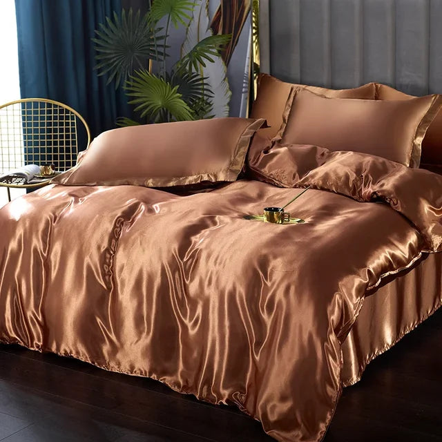 Sumptuous satin duvet cover against a dark headboard, highlighting its luxurious appeal.