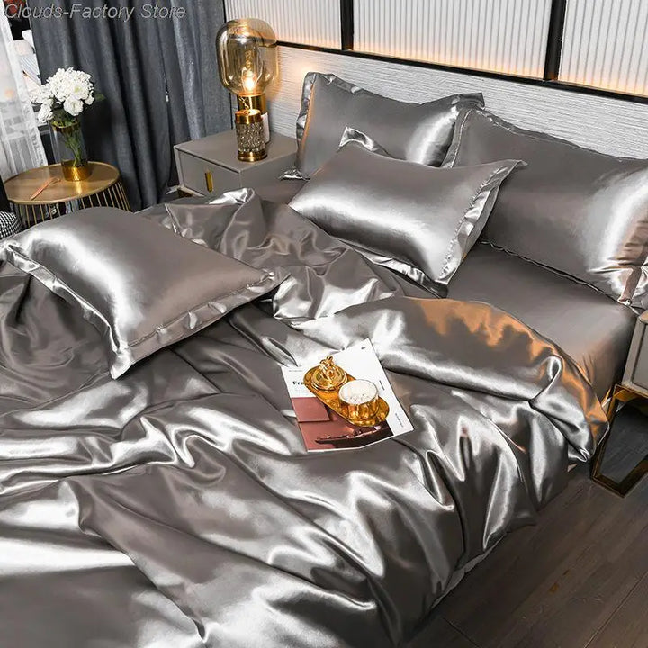 Luxury solid color satin duvet cover set in a rich jewel tone for elegant bedroom decor.