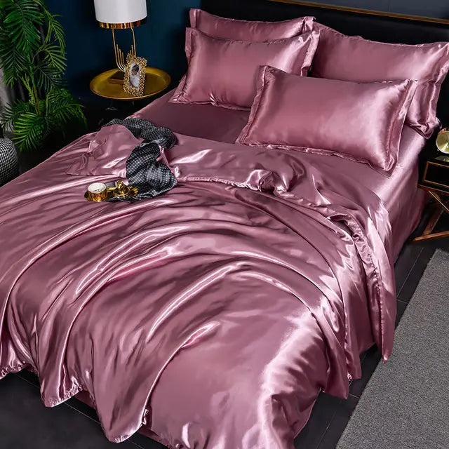 Luxury satin bedding set in a serene solid color, creating a peaceful bedroom oasis.