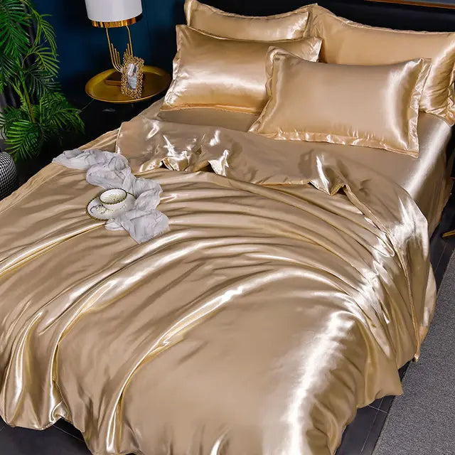 Solid color satin duvet cover set shot from above, highlighting its soft, inviting texture.