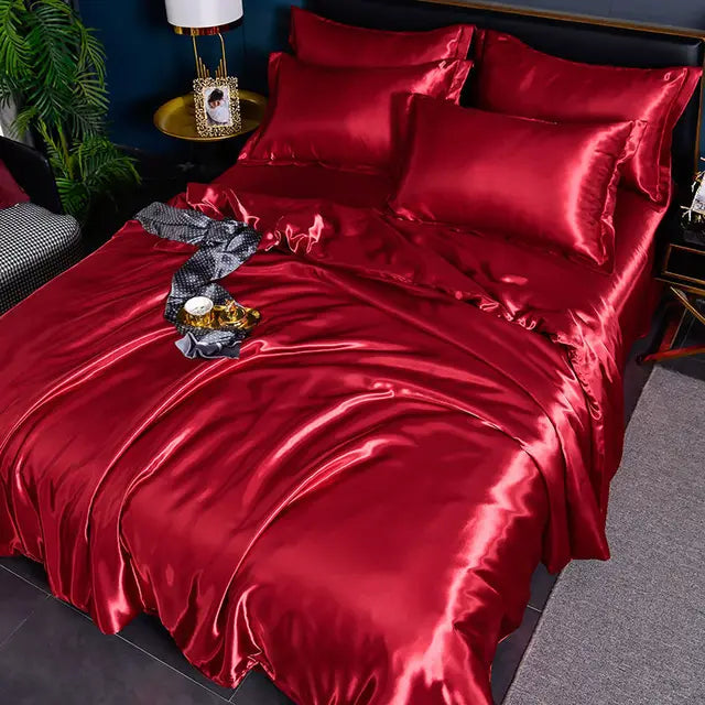 Premium silk-feel satin duvet cover set, a solid colored luxury bedding option.