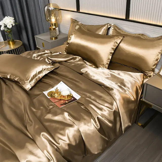 Modern bedroom decor with a solid colored satin duvet cover set, adding elegance.