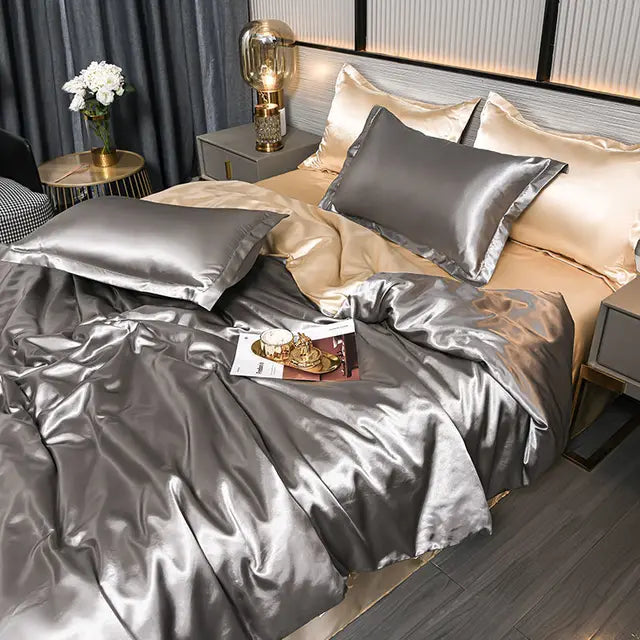 Detailed view of the stitching on a solid satin duvet cover, premium home textile.