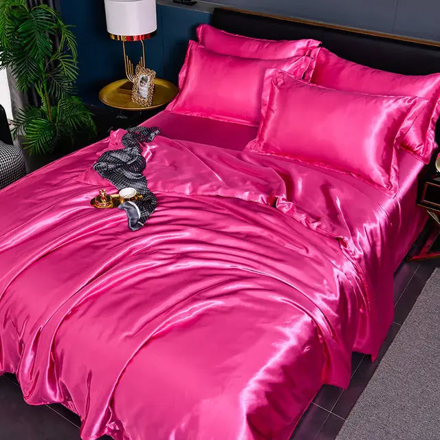 Close-up of the luxurious sheen on a solid satin duvet cover, soft bedroom textile.