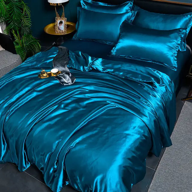 Beautifully draped solid satin duvet cover, showcasing its elegant texture and color.