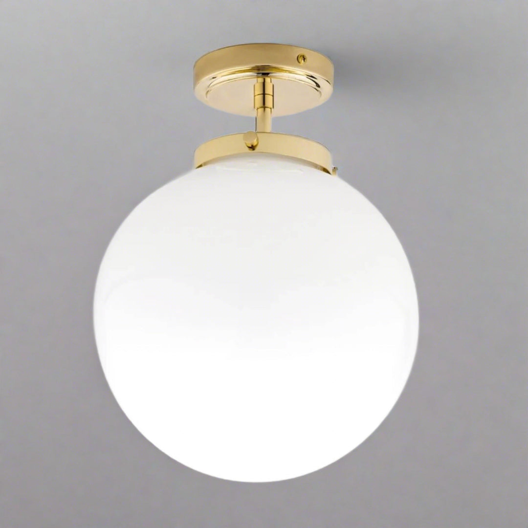 Modern spherical bathroom ceiling light fixture, luxury LED, damp rated for wet environments.
