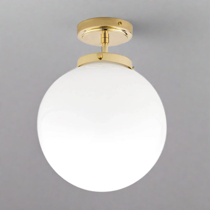 Modern spherical bathroom ceiling light fixture, luxury LED, damp rated for wet environments.