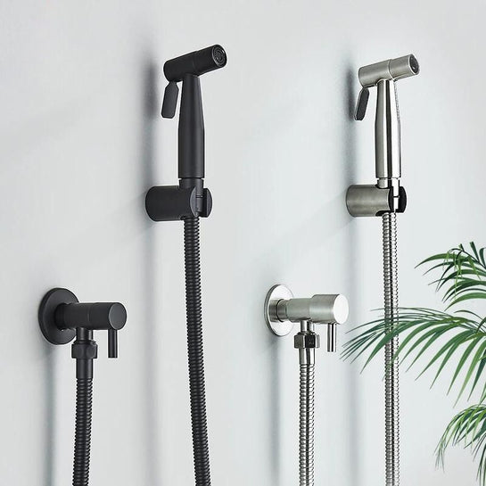 Luxury stainless steel bidet hand shower, PureFlow adjustable sprayer for ultimate bathroom hygiene & freshness.