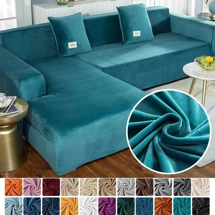 Luxury stretch velvet sofa cover for elegant living room decor & furniture protection.