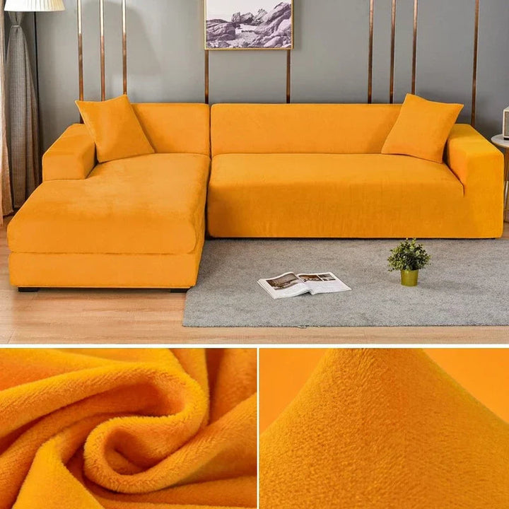 Luxury stretch velvet sofa cover, offering a snug fit & sophisticated aesthetic for your living area.
