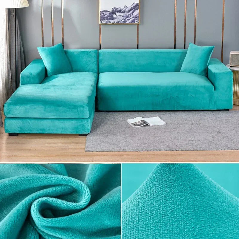 Soft stretch velvet couch protector, pet friendly & easy to clean, transforming old sofas.