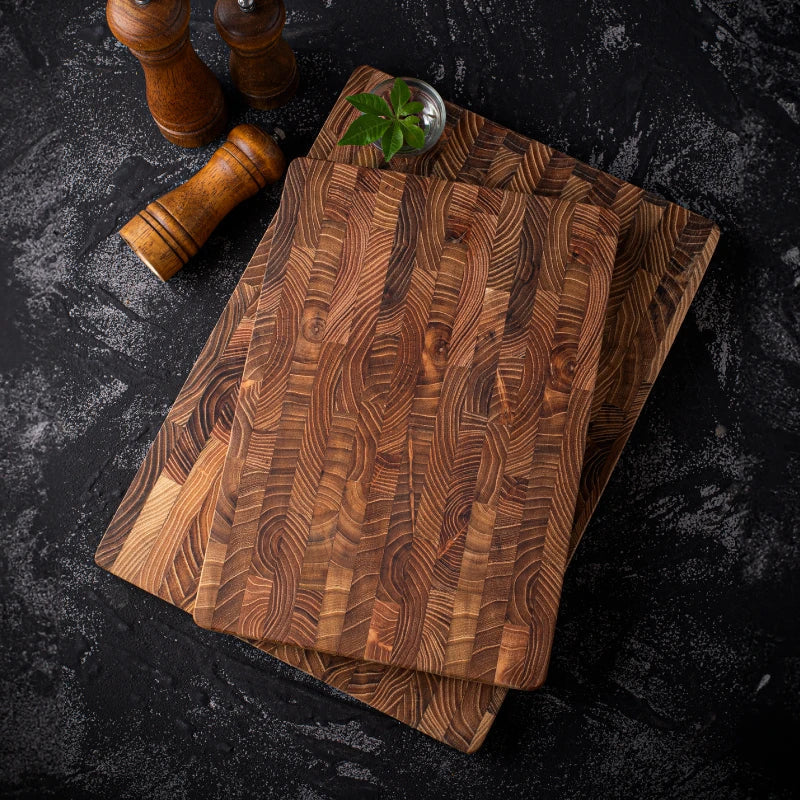 Luxury thick teak wood cutting board for kitchen. Durable, natural wood for chef-quality food prep.