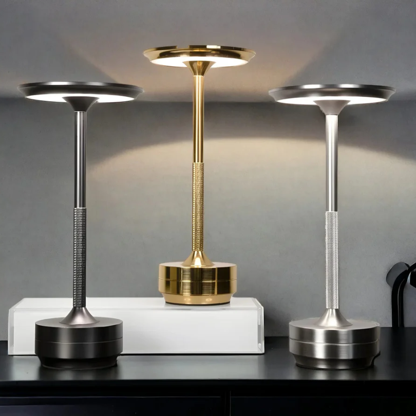 Luxury wireless table lamp, modern design for elegant home decor. Rechargeable & portable accent lighting.