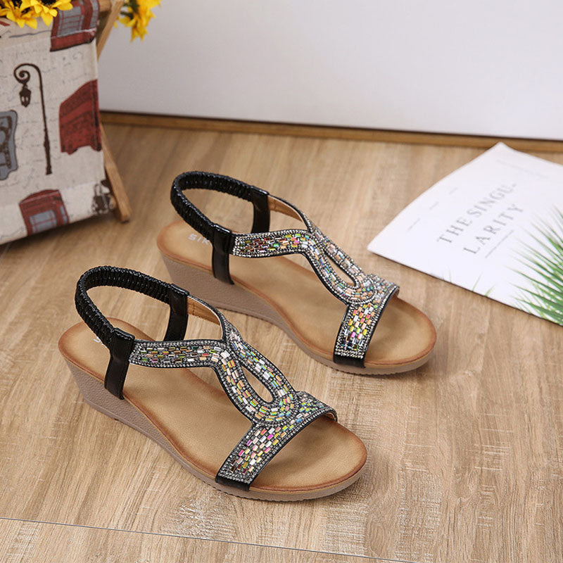 Luxurious women's rhinestone wedge sandals, combining superior comfort with high-fashion appeal.