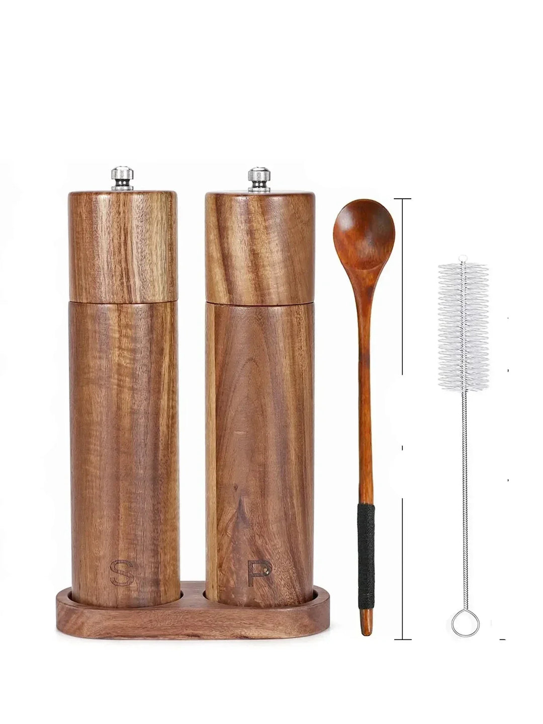 Elegant wooden salt grinder & pepper mill set with matching tray. Ideal for luxury dining & kitchen spice.