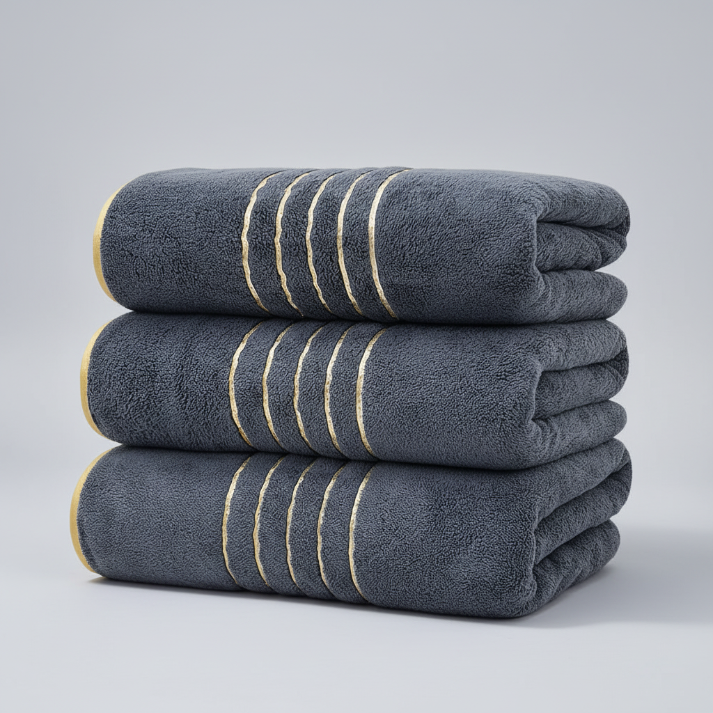 Elegant LuxuryWrap absorbent microfiber towel set folded neatly on a bathroom shelf, hinting at luxury.