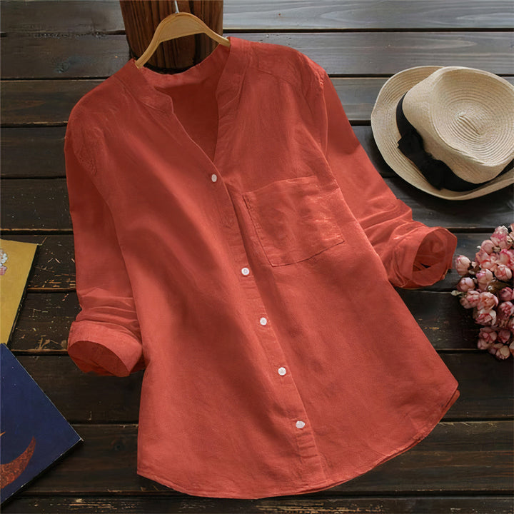 Maëlle women's lightweight cotton linen blouse with short sleeves and loose fit, perfect for summer.