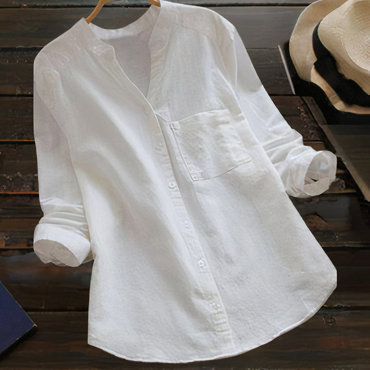 Breathable cotton linen blend blouse for women, ideal for casual everyday wear and vacation style.