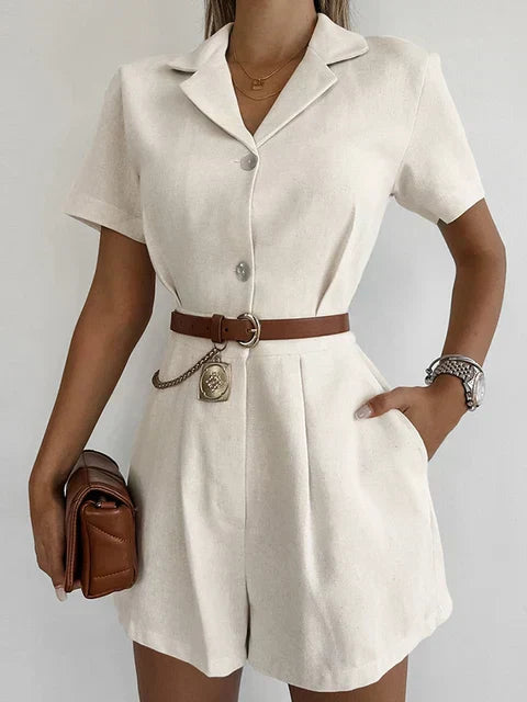 Maelis women's beige linen short sleeve jumpsuit, perfect for comfortable summer casual wear