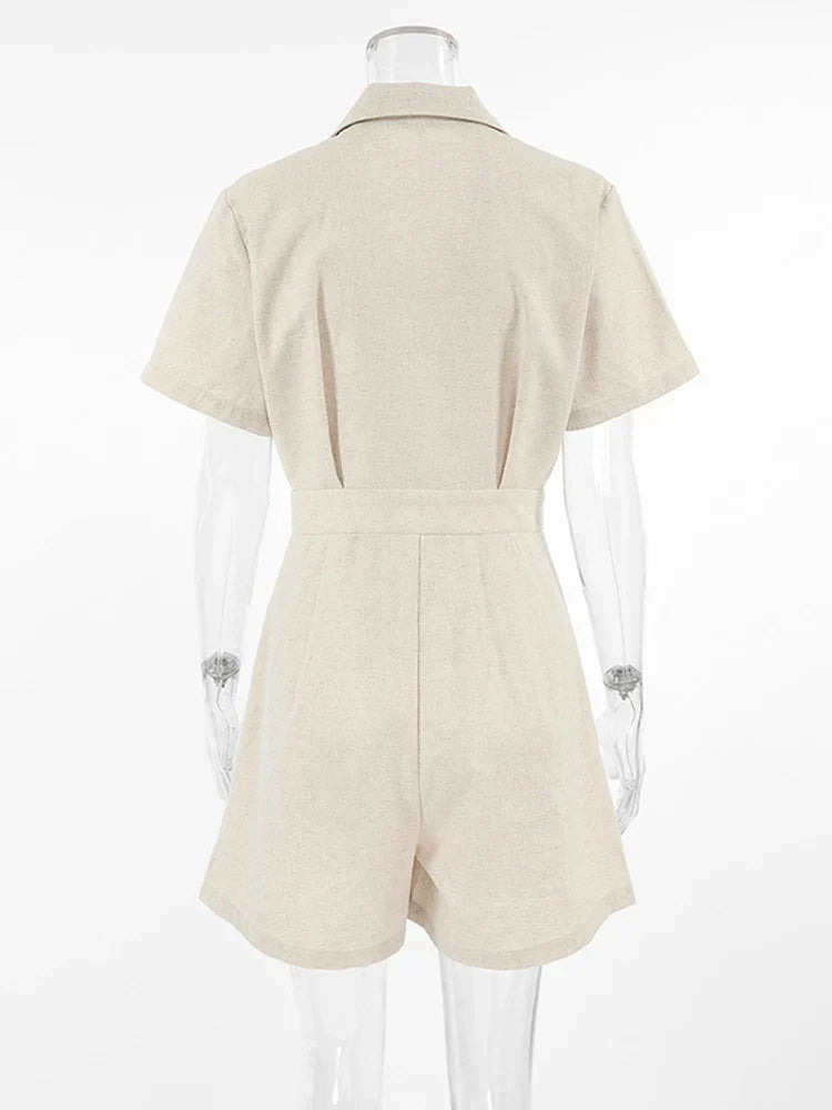 Comfortable Maelis women's linen short sleeve jumpsuit, chic beige one-piece summer outfit