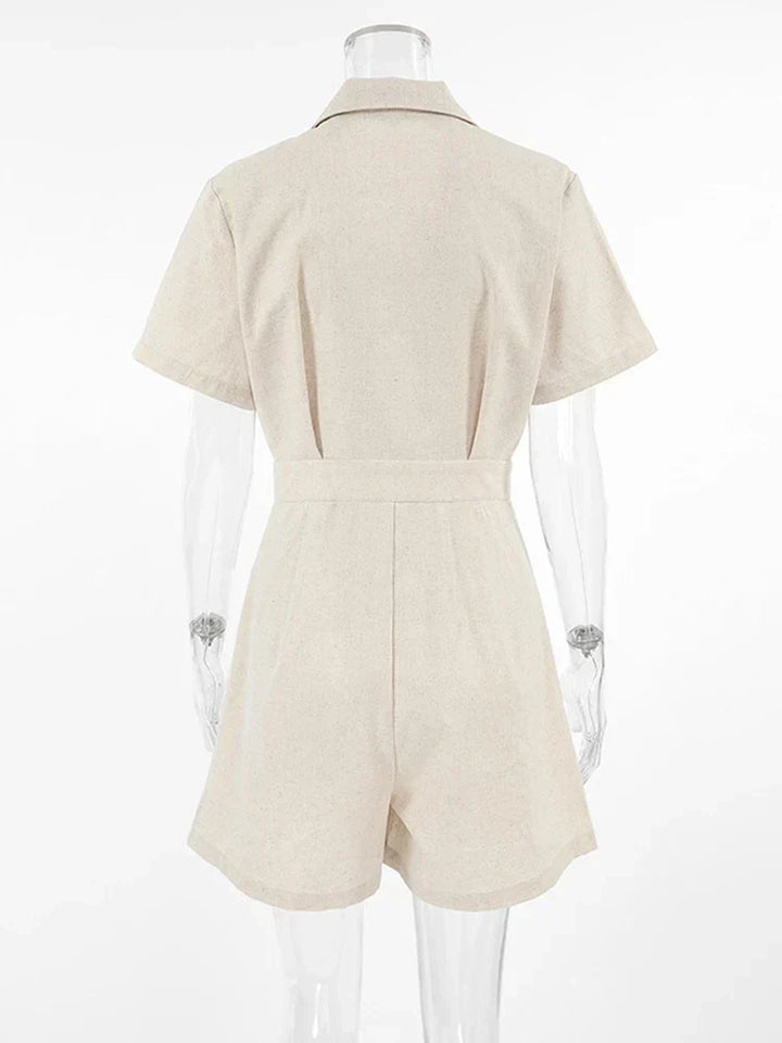 Comfortable Maelis women's linen short sleeve jumpsuit, chic beige one-piece summer outfit