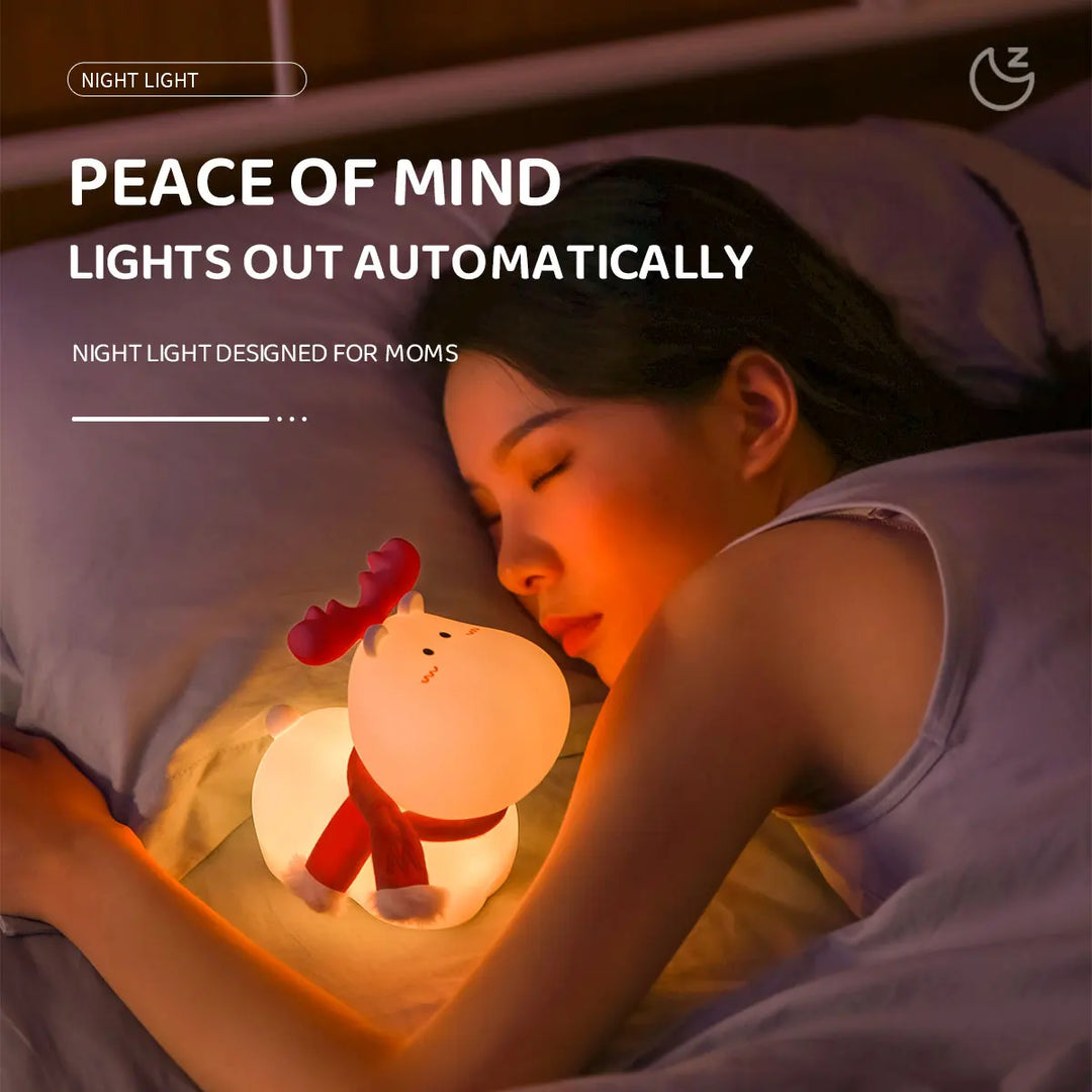 Magical GlowDeer LED reindeer night lamp. Soft silicone, rechargeable light for kids' rooms, ideal Christmas gift.