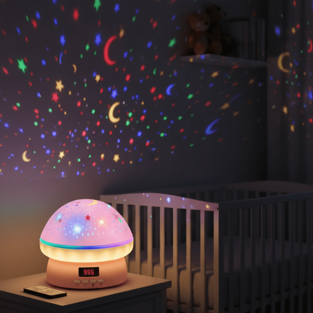 Magical mushroom star projector night light for kids' room, creating a galaxy ceiling.