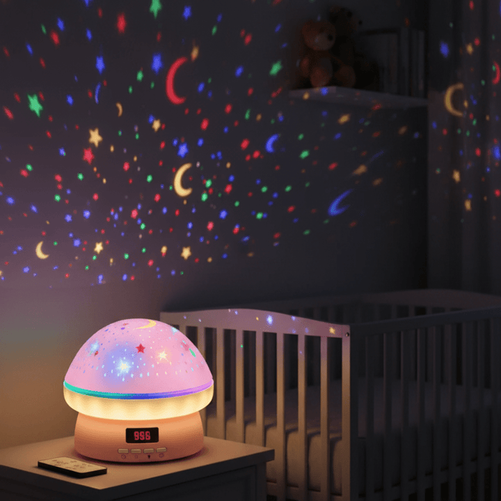 Magical mushroom star projector night light for kids' room, creating a galaxy ceiling.