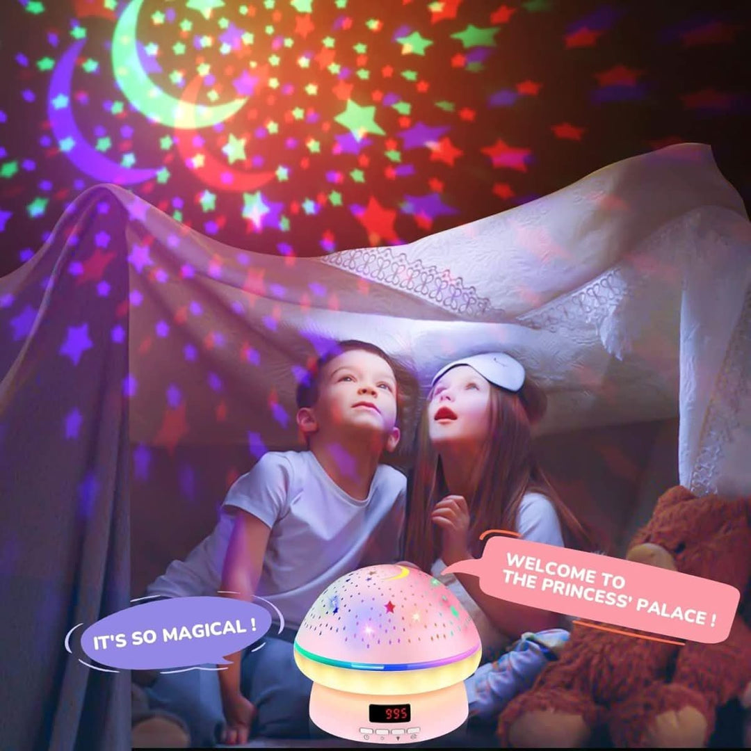 Baby's mushroom star projector lamp, a calming galaxy night light for peaceful sleep.