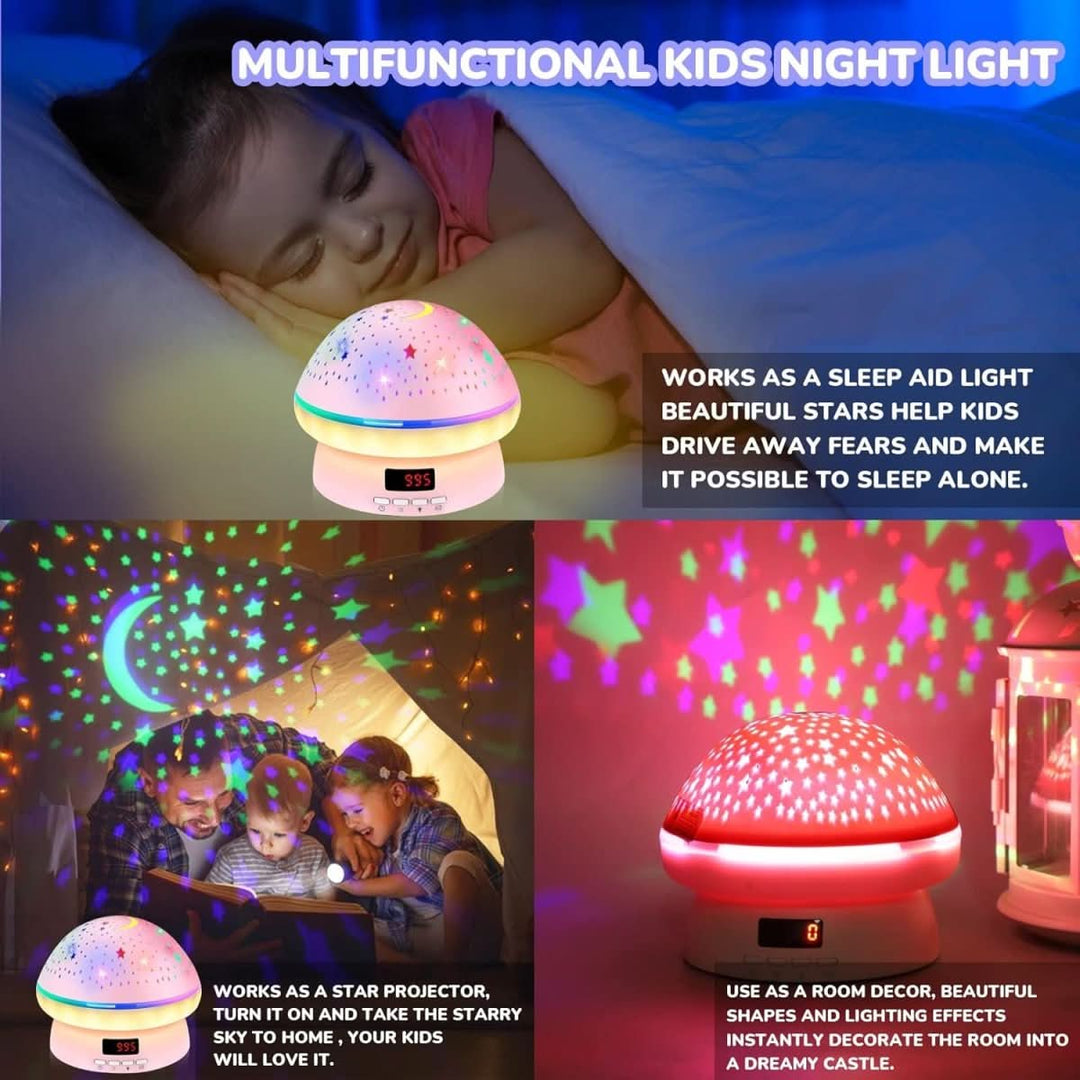 Kids' room star projector with mushroom design, a magical galaxy lamp and sleep aid gift.