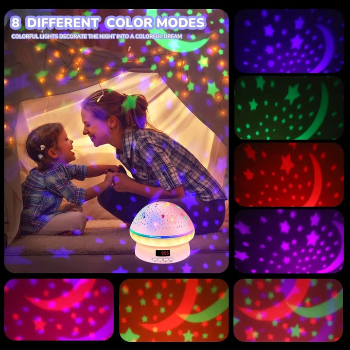 Enchanting mushroom night light projects stars, perfect for children's room celestial mood.
