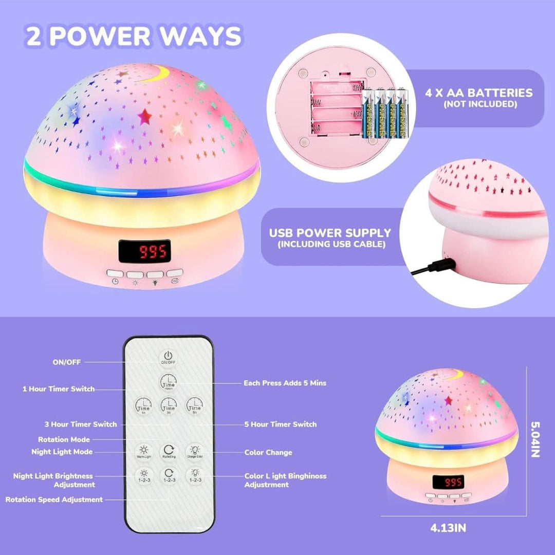 Cute mushroom star projector, an LED night light for kids, creating a celestial galaxy effect.