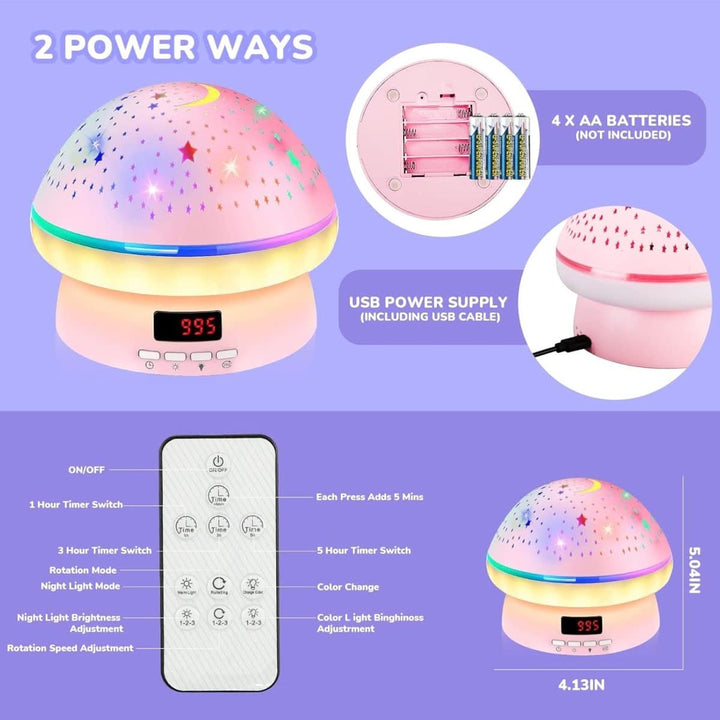 Cute mushroom star projector, an LED night light for kids, creating a celestial galaxy effect.