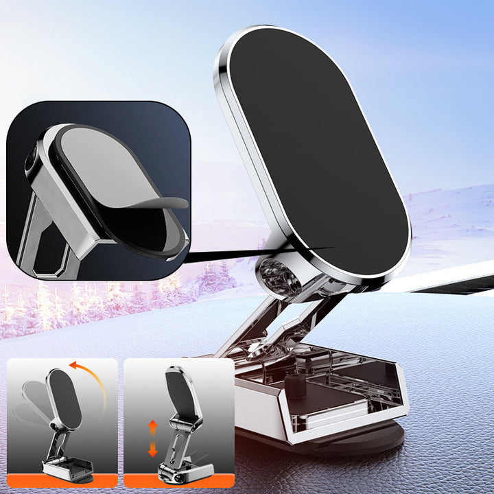 Universal MagMount Fold smartphone holder for vehicle dashboard.